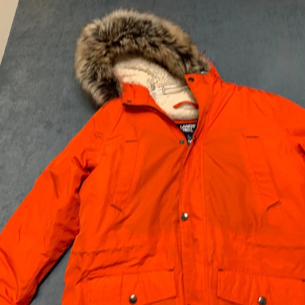 Lands' End Parka Jacket Kids L Orange Sherpa Lined Hooded Snap Full Zip Utility